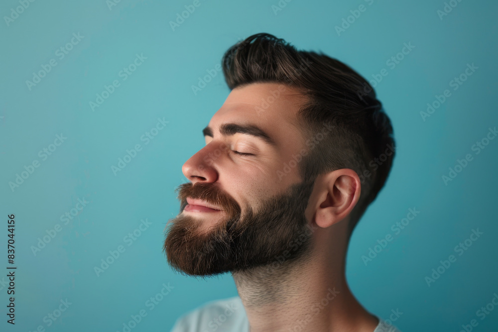 A close up of a man with beard and closed eyes looking to a side A close up of a man with beard and closed eyes looking to a side