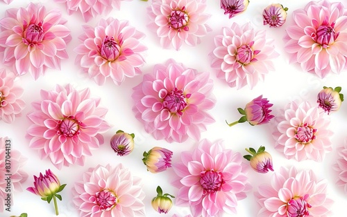 Seamless floral pattern with pink dahlias on white background