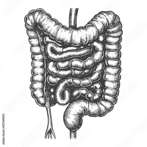 human intestine with engraving style black color only