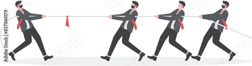 Business team pulling rope against successful businessman. Competing in tug of war competition. Business competition concept.

