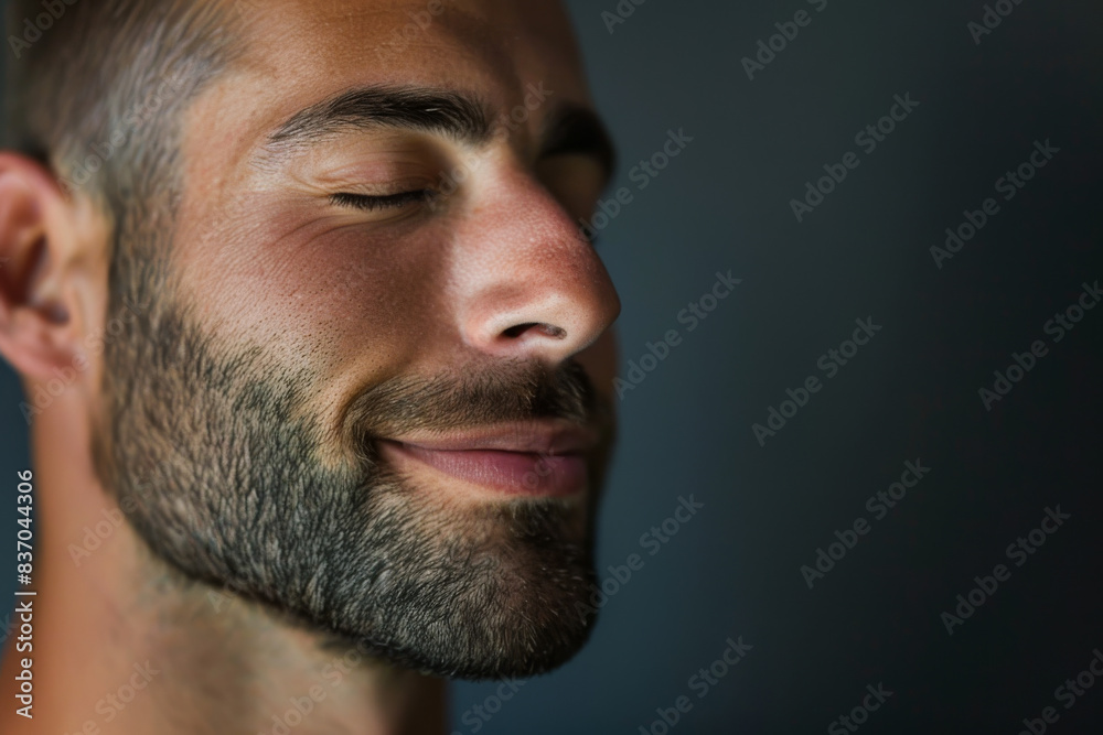 A close up of a man with beard and closed eyes looking to a side A close up of a man with beard and closed eyes looking to a side