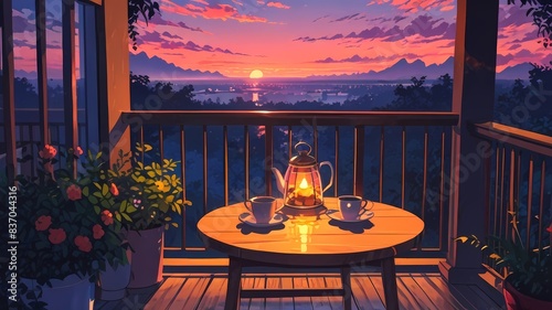 sunset balcony Anime style illustration flat vector art, anime background, aesthetic