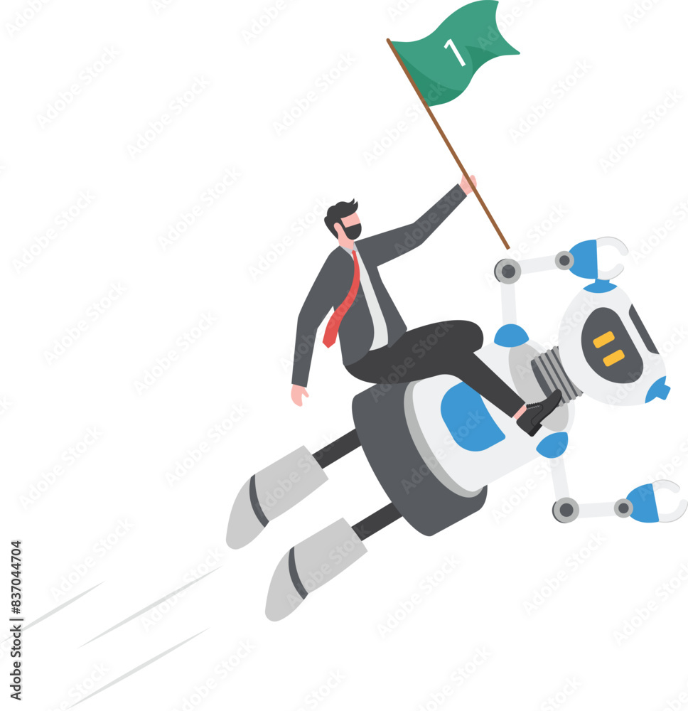 Successful businessman holding number one flag standing on top of flying robot. Artificial intelligence business concept.
Successful businessman holding number one flag standing on top of flying robot. Artificial intelligence business concept.