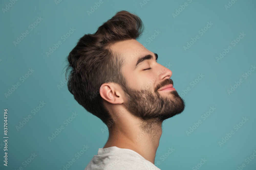 A close up of a man with beard and closed eyes looking to a side A close up of a man with beard and closed eyes looking to a side