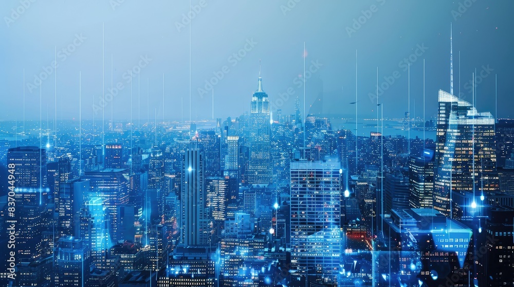 Dynamic futuristic cityscape with digital overlays Dynamic futuristic cityscape with digital overlays