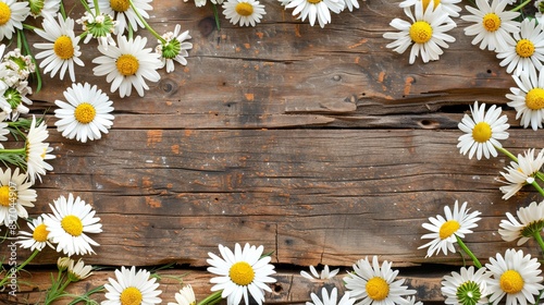 A close-up of white daisies arranged along the edges of a rustic, brown wooden background. © Helen-HD