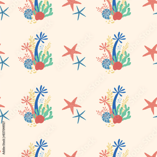 Vector Seamless Pattern with Starfish and Seaweeds.