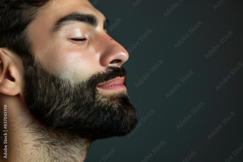 Obraz premium A close up of a man with beard and closed eyes looking to a side
