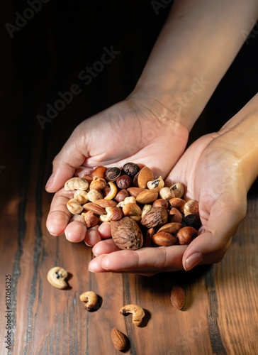 hands holding handful of paradise nuts on a wooden table photo