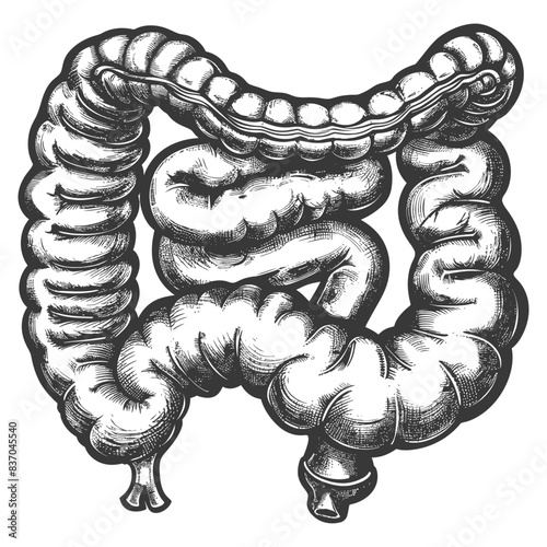 Etched Human Colon Anatomy: Detailed Sketch, Digestive System Illustration