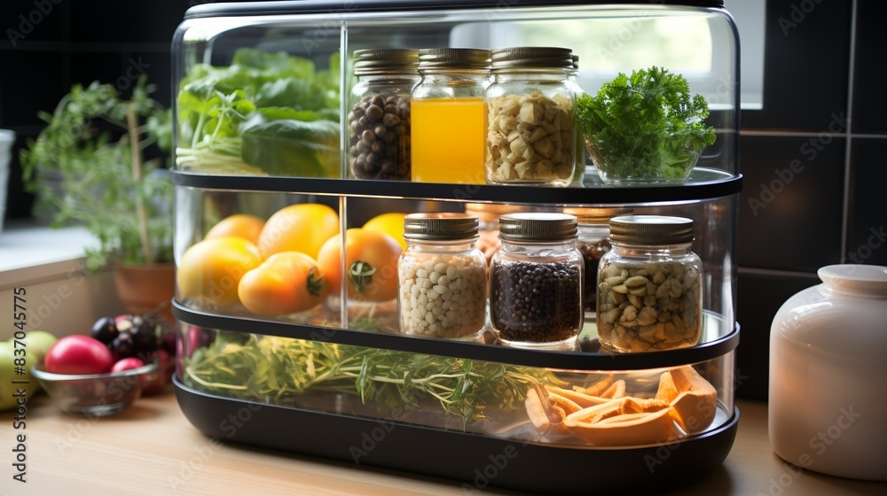 A high-resolution image of a smart refrigerator with touchscreen interface and built-in cameras, offering innovative features for food storage and organization. Minimal and Simple, A high-resolution image of a smart refrigerator with touchscreen interface and built-in cameras, offering innovative features for food storage and organization. Minimal and Simple,