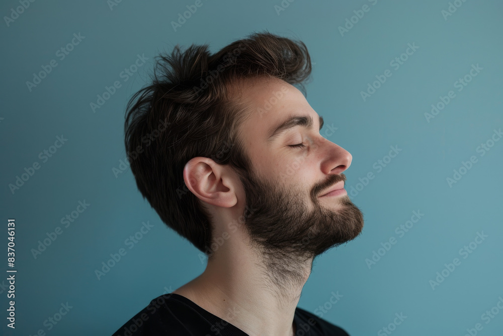 A close up of a man with beard and closed eyes looking to a side A close up of a man with beard and closed eyes looking to a side