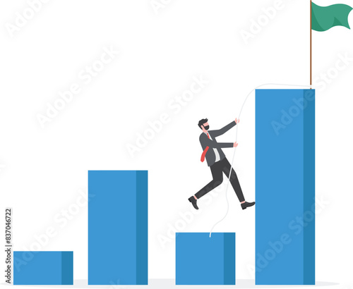 Determined businessman climbing rope to the top of highest bar graph. Ambition and determination business concept.

