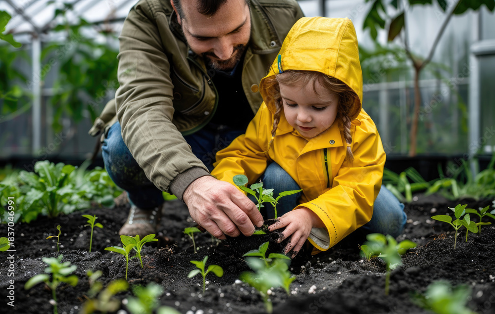 A small child is playing with dirt while his dad plants seeds of vegetable plants into the ground inside a greenhouse.