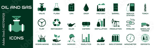 Oil and gas icon set. Collection contains valve, flask, can, drop, factory, barrel, service station, torch, flap, refinement, oiler, cistern, distillation and other icons.