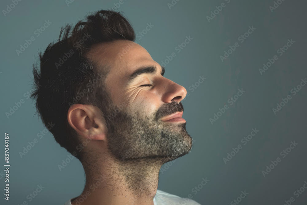 A close up of a man with beard and closed eyes looking to a side A close up of a man with beard and closed eyes looking to a side