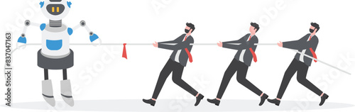 Business team pulling rope against robot with artificial intelligence. Competing in tug of war competition. Artificial intelligence technology business competition concept.


