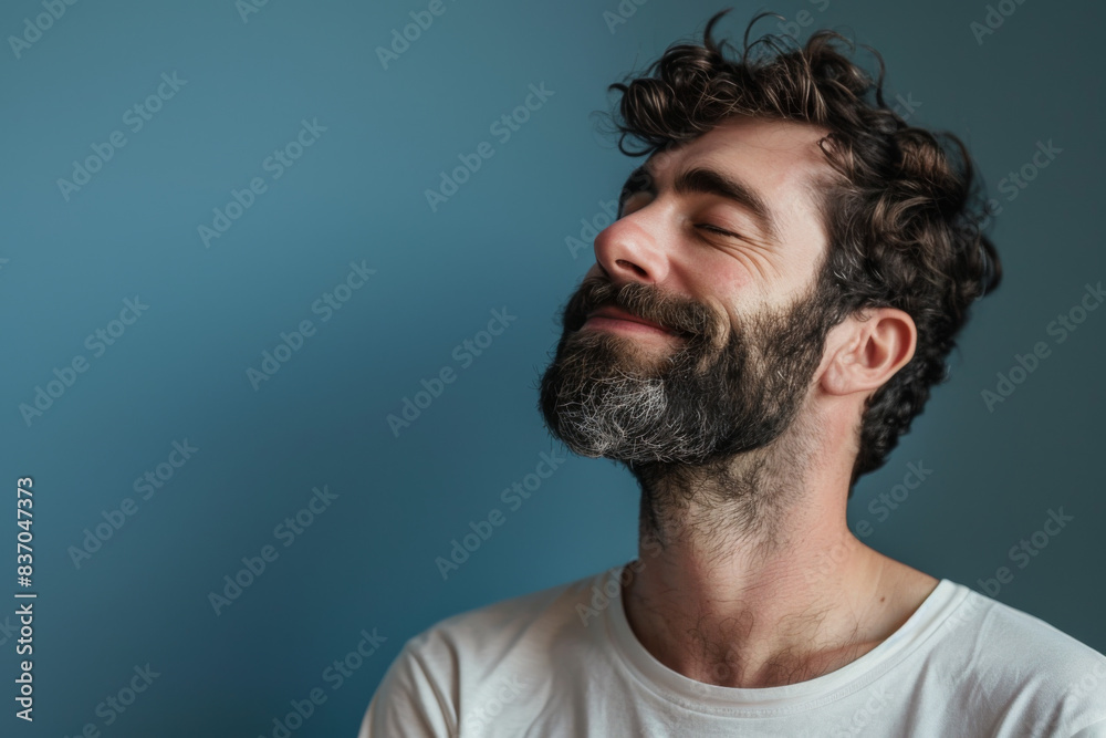 Obraz premium A close up of a man with beard and closed eyes looking to a side