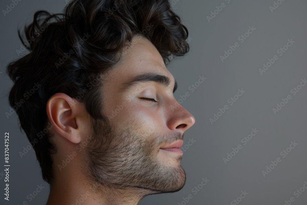 Fototapeta premium A close up of a man with beard and closed eyes looking to a side
