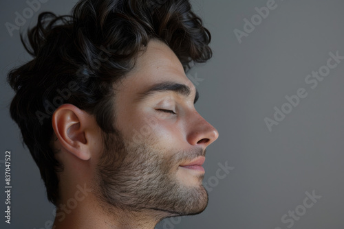 A close up of a man with beard and closed eyes looking to a side