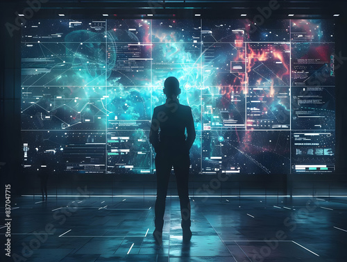 Silhouette of a person standing in front of a futuristic digital interface, conveying themes of technology, data, and innovation.