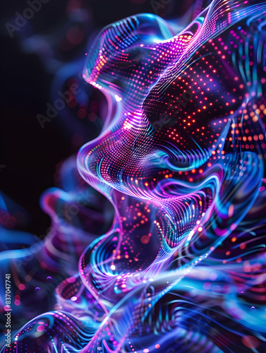 Vibrant abstract digital wave with neon colors and dots, representing futuristic technology and data flow in a dynamic 3D rendering.