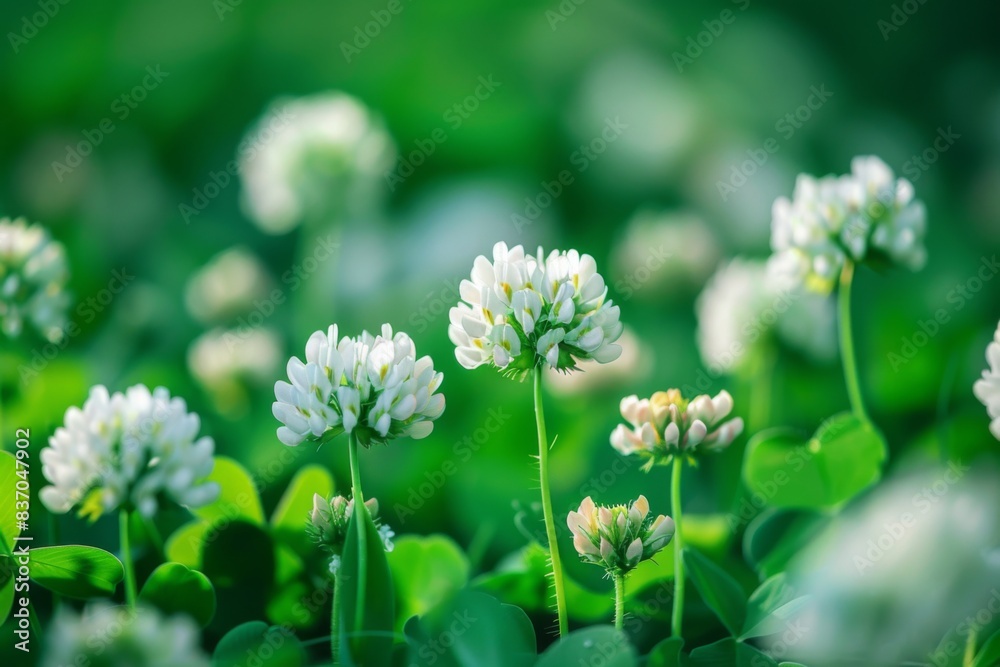 A close-up shot of white clover flowers blooming in a field of green grass. The flowers are in focus, while the background is slightly blurred A close-up shot of white clover flowers blooming in a field of green grass. The flowers are in focus, while the background is slightly blurred
