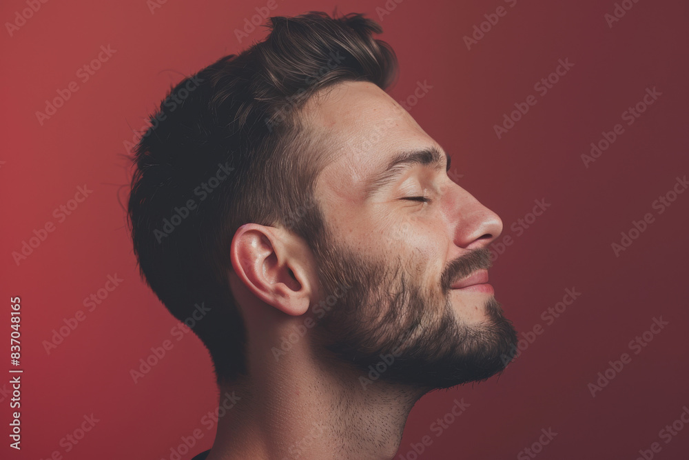 Obraz premium A close up of a man with beard and closed eyes looking to a side