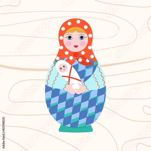 Wooden Matryoshka doll with a child in her arms. Painted doll. Mother and child. Family, motherhood concept. Russian traditional toy, souvenir. Vector illustration, wood texture, background isolated.