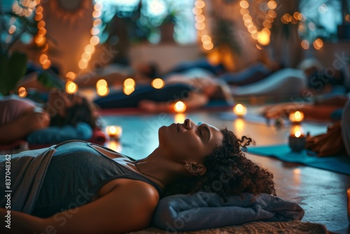 Restorative Yoga Class in Cozy Studio with Dim Lighting and Candles for Relaxation and Wellness photo