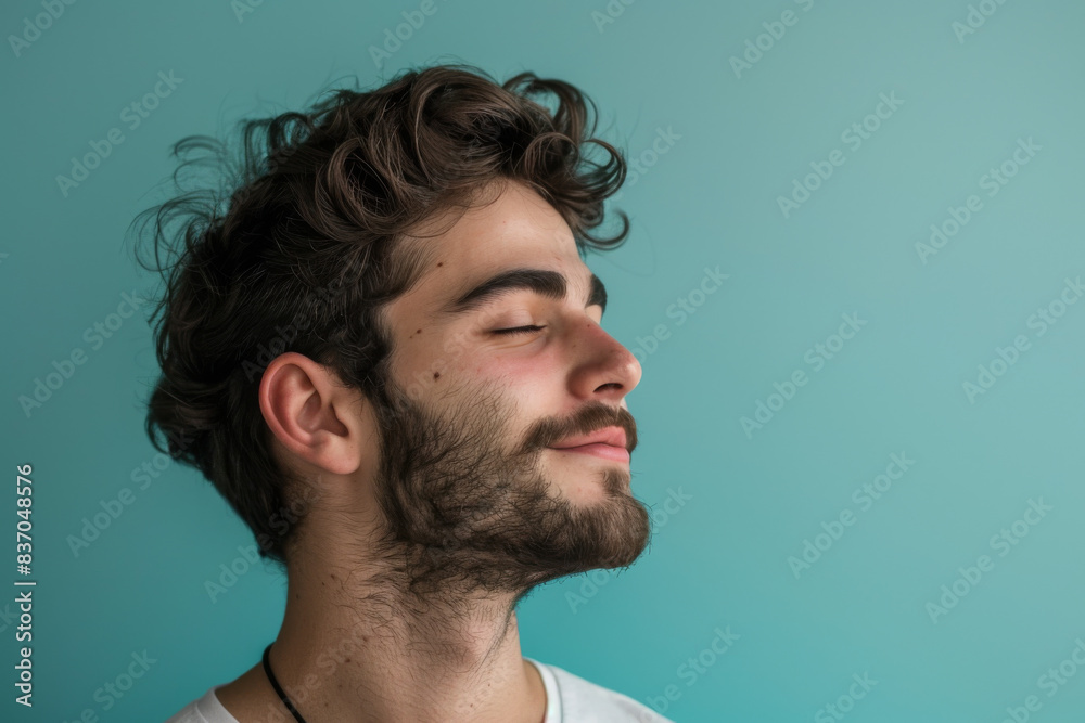 A close up of a man with beard and closed eyes looking to a side A close up of a man with beard and closed eyes looking to a side