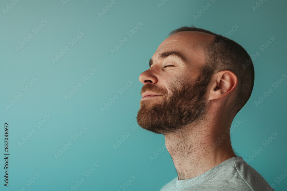 Obraz premium A close up of a man with beard and closed eyes looking to a side