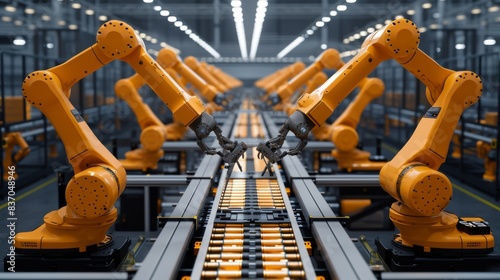 Flexible production lines: visualization of modular production systems where robots can be easily reconfigured and adapted to different types of products --no text --ar 16:9 --quality 0.5 Job ID photo