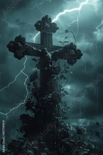 Gothic Cross with Roses in Thunderstorm © Franz Rainer