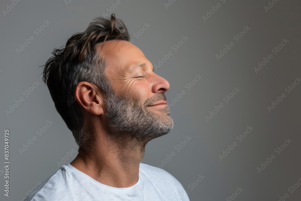 A close up of a man with beard and closed eyes looking to a side A close up of a man with beard and closed eyes looking to a side