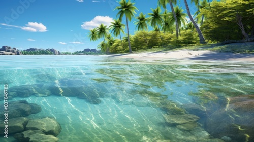 Crystal-clear water lapping at a tropical shore