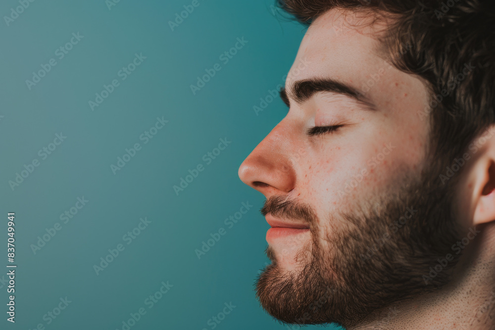 A close up of a man with beard and closed eyes looking to a side