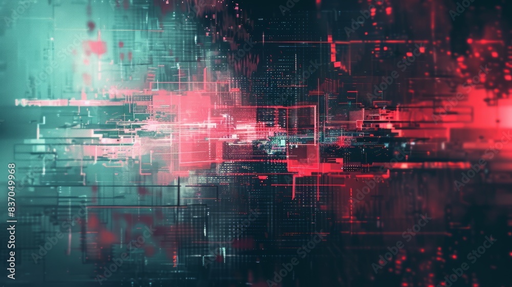 Fototapeta premium A digital glitch background with a dark, moody color palette. Flickering static