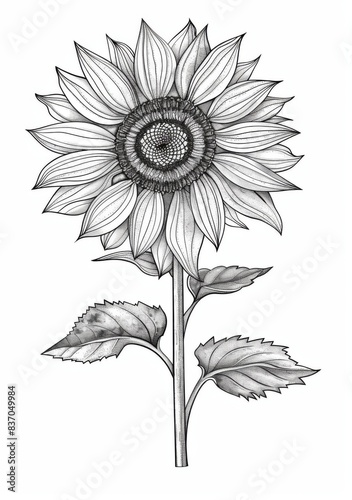 This is a black and white line drawing of a single sunflower, with its petals, center, leaves, and stem all drawn with detailed, intricate lines.