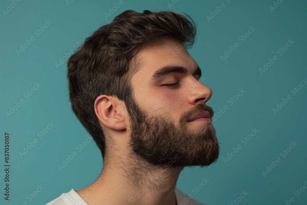 A close up of a man with beard and closed eyes looking to a side A close up of a man with beard and closed eyes looking to a side