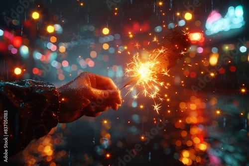 Vibrant Night Scene with Hand Holding Sparkler Amidst Colorful City Lights and Blurred Reflections on Wet Streetsvibrant