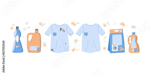 A set of detergents for washing in washing machine. Clean and dirty clothes, T-shirt. Household washing and cleaning products. Packages and bottles. Vector illustration.