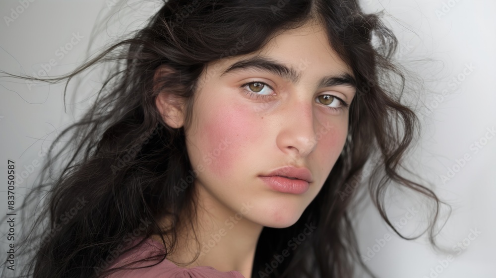 A young woman with dark, wavy hair and pink blush on her cheeks looks directly at the camera A young woman with dark, wavy hair and pink blush on her cheeks looks directly at the camera