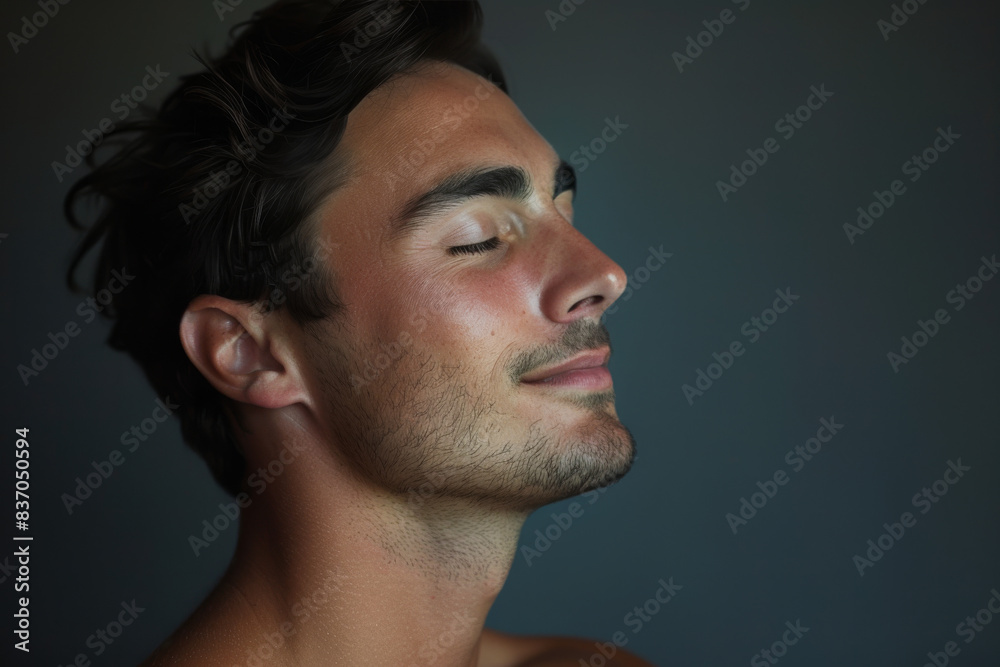 Obraz premium A close up of a man with beard and closed eyes looking to a side