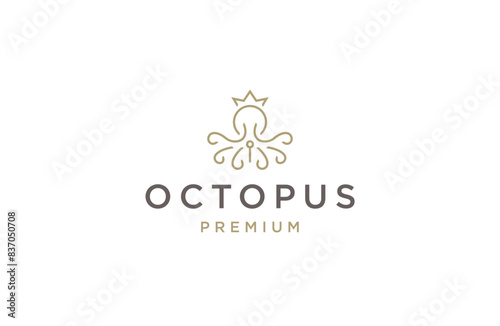 Luxury king octopus with line art style logo design template flat vector