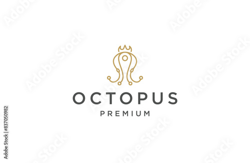 Luxury king octopus with line art style logo design template flat vector