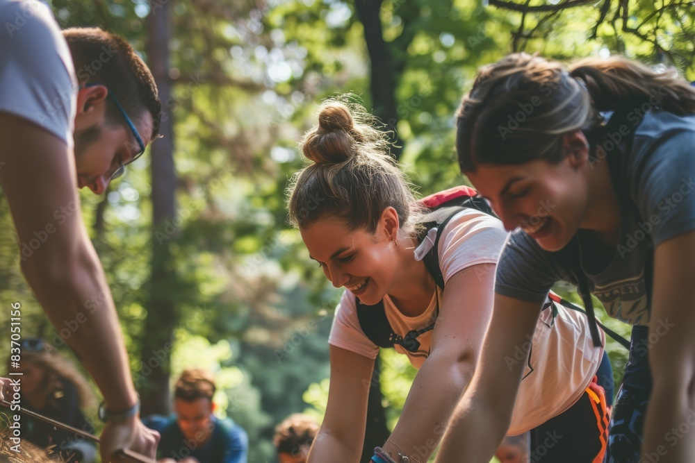 Fototapeta premium Team Building Activity in Nature: Colleagues Engaged in Trust Fall Exercise for Corporate Retreat