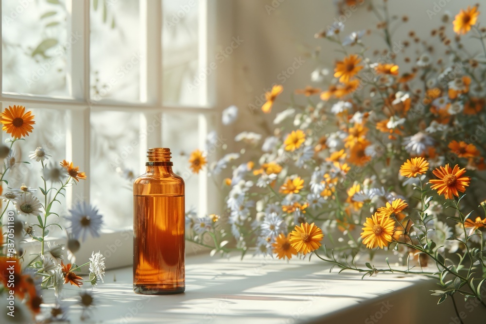 Tranquil Still Life of Amber Glass Bottle with Wildflowers on Sunlit Window Sill, Highlighting Natural Beauty and Serene Interior Decortranquil