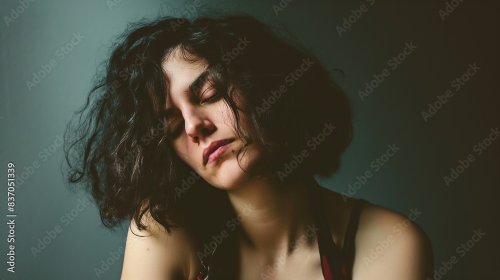 A close-up portrait of a young woman with curly, dark hair looking down A close-up portrait of a young woman with curly, dark hair looking down