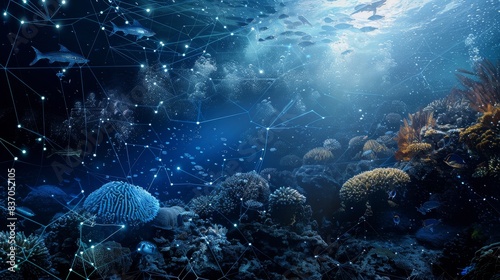Underwater scene with marine life interacting with data visualizations generated by AI photo
